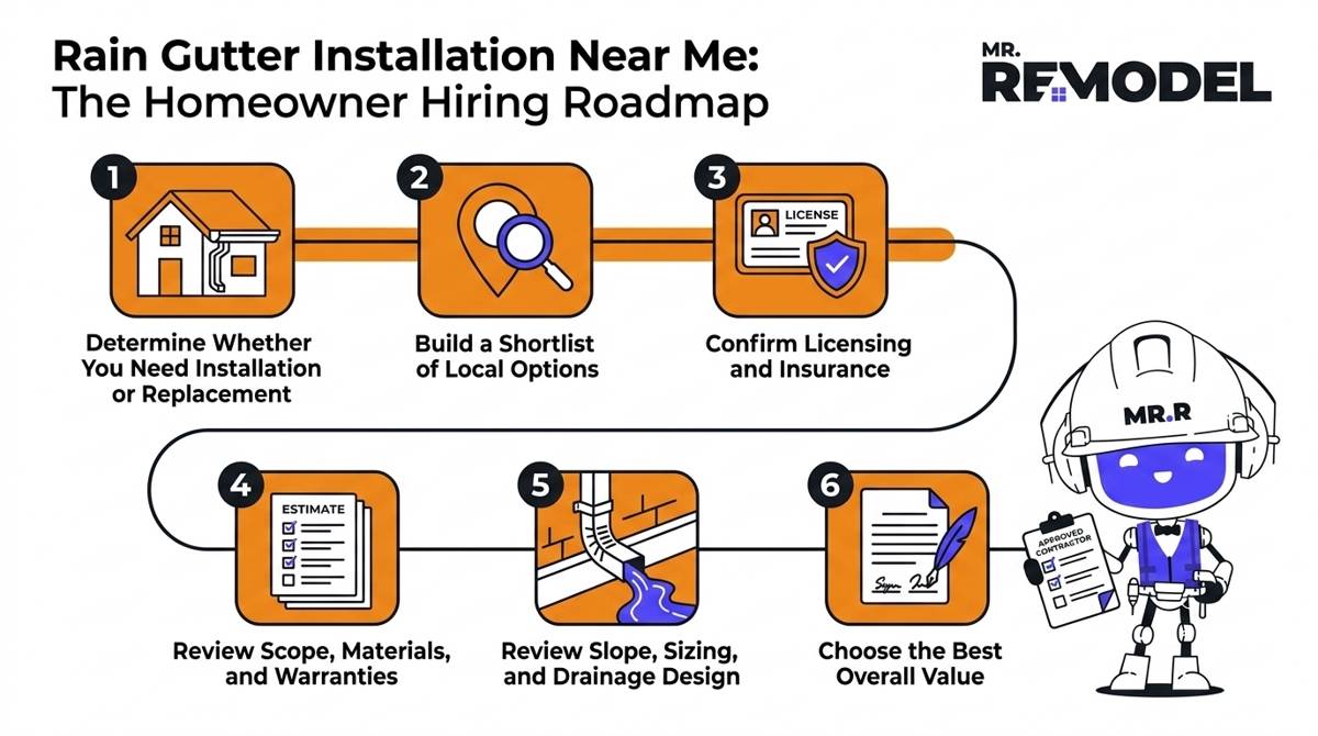 Homeowner hiring roadmap infographic showing the complete process for finding and hiring a qualified local gutter installation contractor.